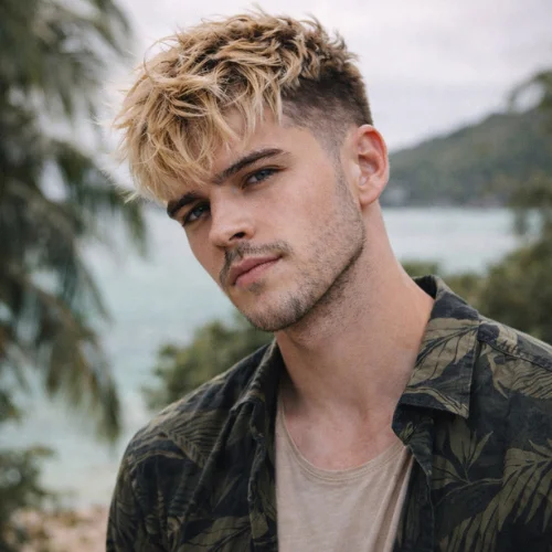 messy french crop blonde haircut with natural texture and fringe for stylish man casual hairstyle usa