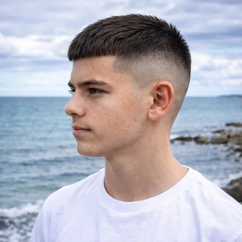 Teen boy with buzz cut French crop mid fade haircut wearing white shirt near beach