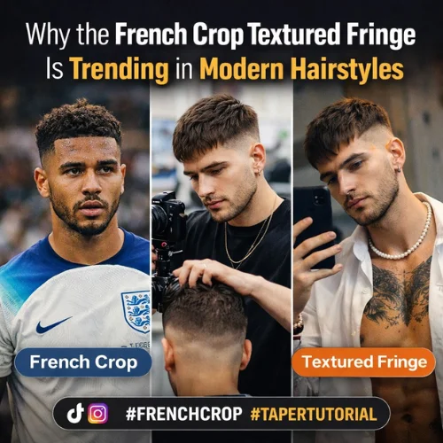 French crop textured fringe trending mens haircut with drop fade and modern texture