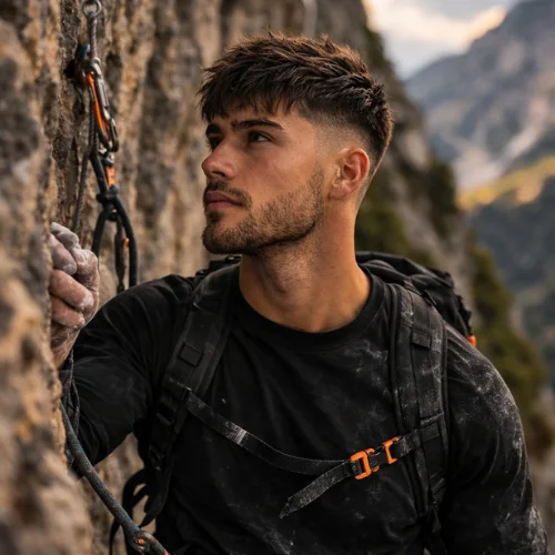 Taper haircut textured French crop low fade hairstyle on climber man