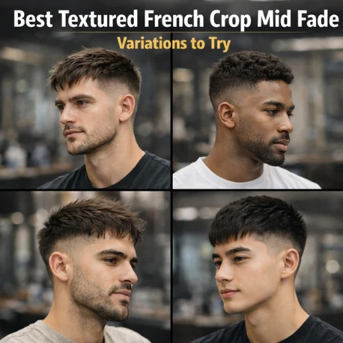 different textured french crop mid fade haircut variations on men showing modern fade styles and textured fringe