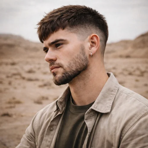 Low Taper French Crop Burst Fade haircut on young man with soft blended fade in desert setting