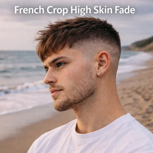 French Crop High Skin Fade haircut on young man with bold skin fade standing by sea shore