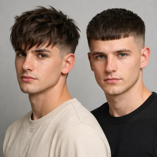 long textured French crop vs classic French crop haircut comparison for men showing layered textured top and structured fringe styles