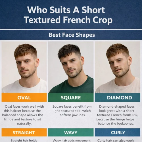 short textured french crop hairstyle for men showing best face shapes oval square diamond and hair types straight wavy curly