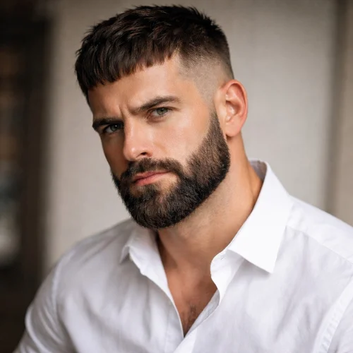 French crop with beard hairstyle for men stylish textured crop haircut with full beard and white shirt