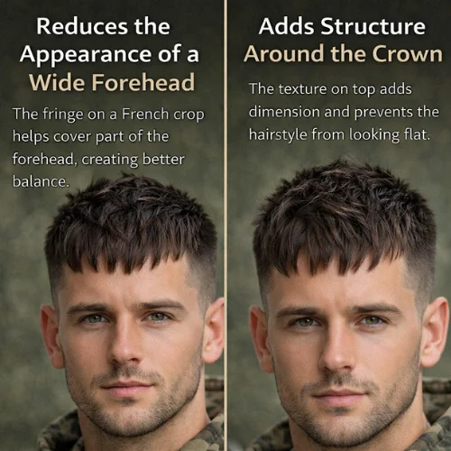 French crop haircut variations for heart-shaped face men textured fringe fade different styles comparison