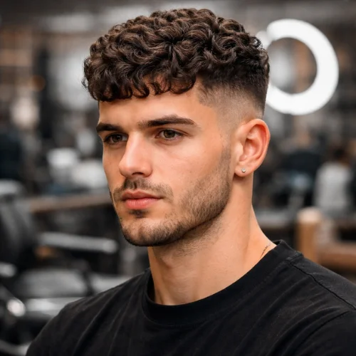 french crop haircut for curly hair with textured curls on top and faded sides modern men hairstyle
