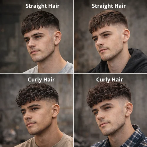 Four men with French crop low taper hairstyles on different hair types