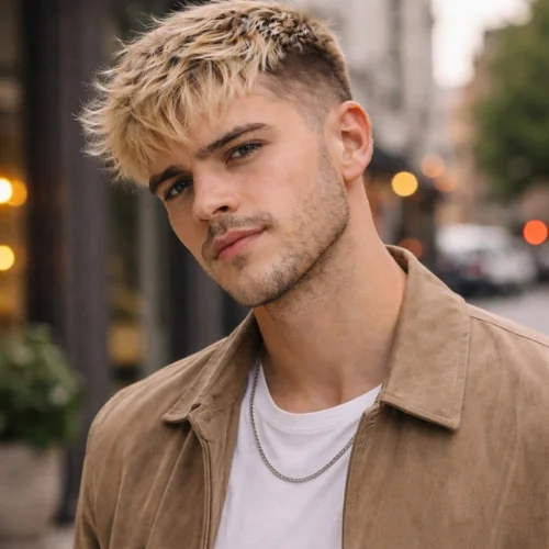 french crop blonde haircut for men with fade and textured top stylish confident modern hairstyle usa