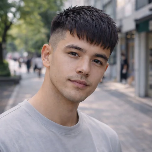 French crop haircut for straight hair with textured fringe and low fade on a young man walking on a city street