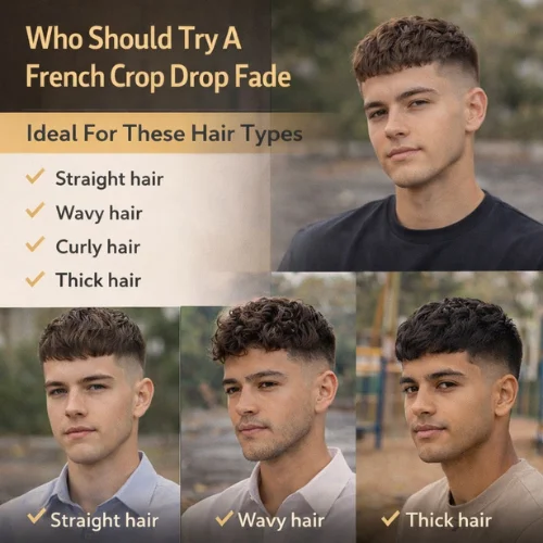 french crop drop fade haircut for different hair types straight wavy curly and thick hair shown on boys with different face shapes and shirt styles
