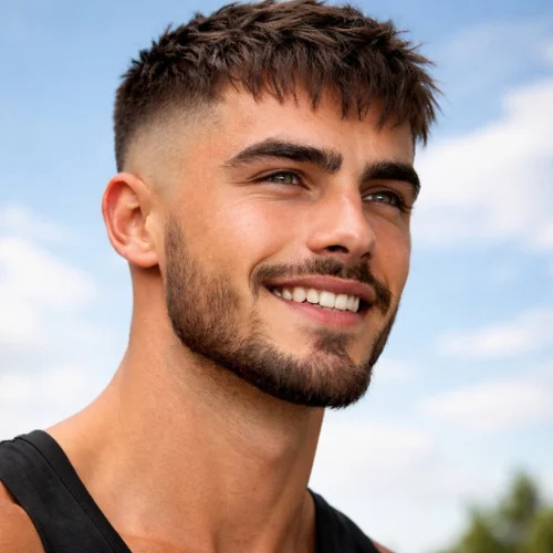 short french crop haircut with textured fringe and skin fade modern mens hairstyle outdoors portrait