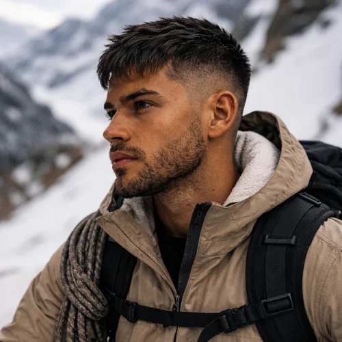 Textured French crop low fade straight hair on black man in snowy mountain