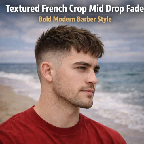 textured french crop mid drop fade mens haircut with curved fade behind ear american boy wearing red shirt at sea shore