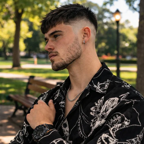 High Burst Fade French Crop haircut on young man wearing stylish shirt in park
