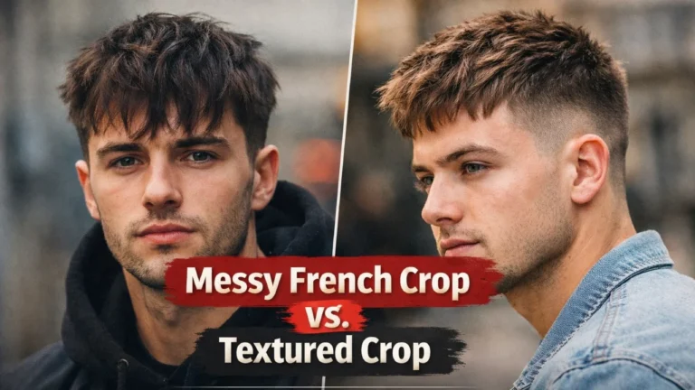 messy french crop vs textured crop hairstyle comparison for modern men in usa showing messy textured top and clean structured crop