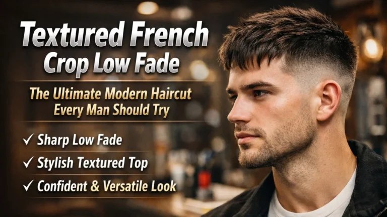 Textured French crop low fade modern mens haircut with sharp fade and textured top