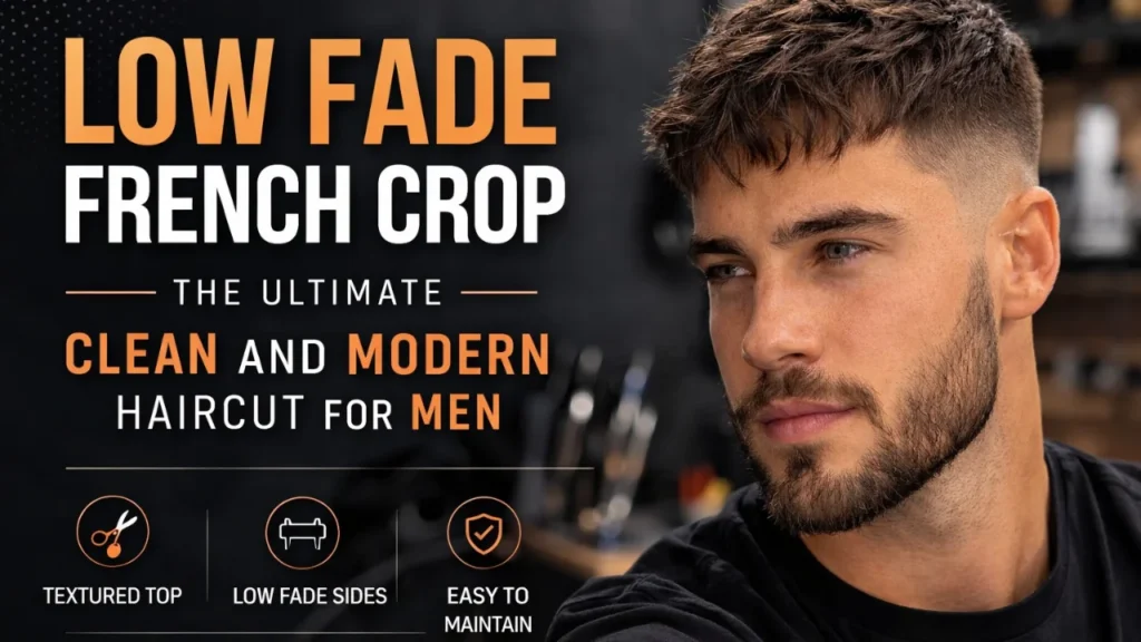 low fade french crop mens haircut with textured top and clean faded sides modern barber hairstyle