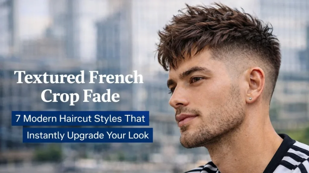 textured french crop fade modern mens haircut with textured top and clean faded sides