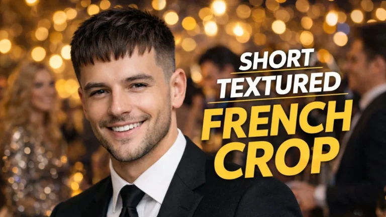 smiling man with short textured french crop haircut modern men's hairstyle party background