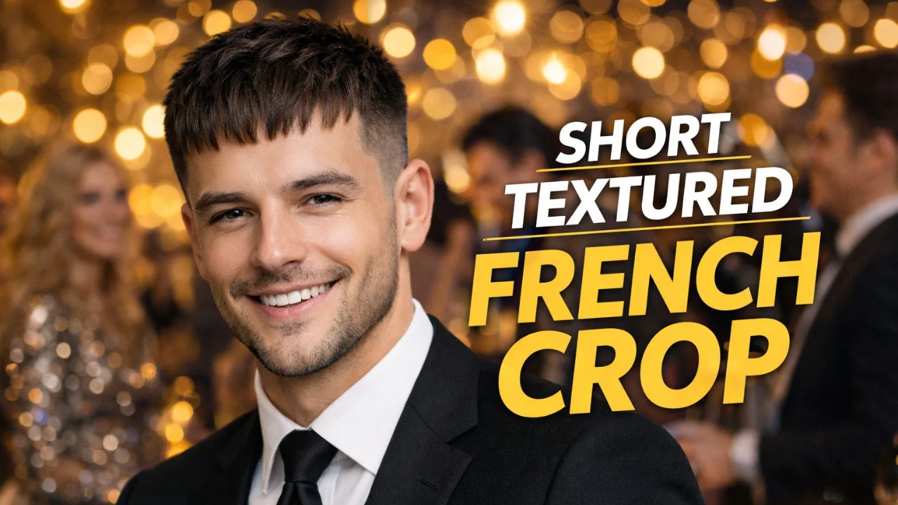 smiling man with short textured french crop haircut modern men's hairstyle party background