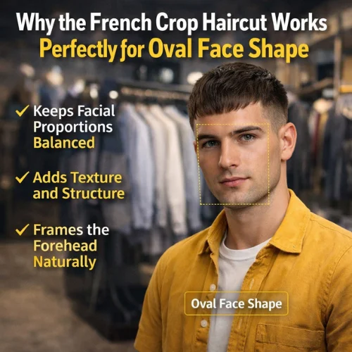 french crop haircut for oval face showing balanced proportions textured top and natural fringe modern men hairstyle