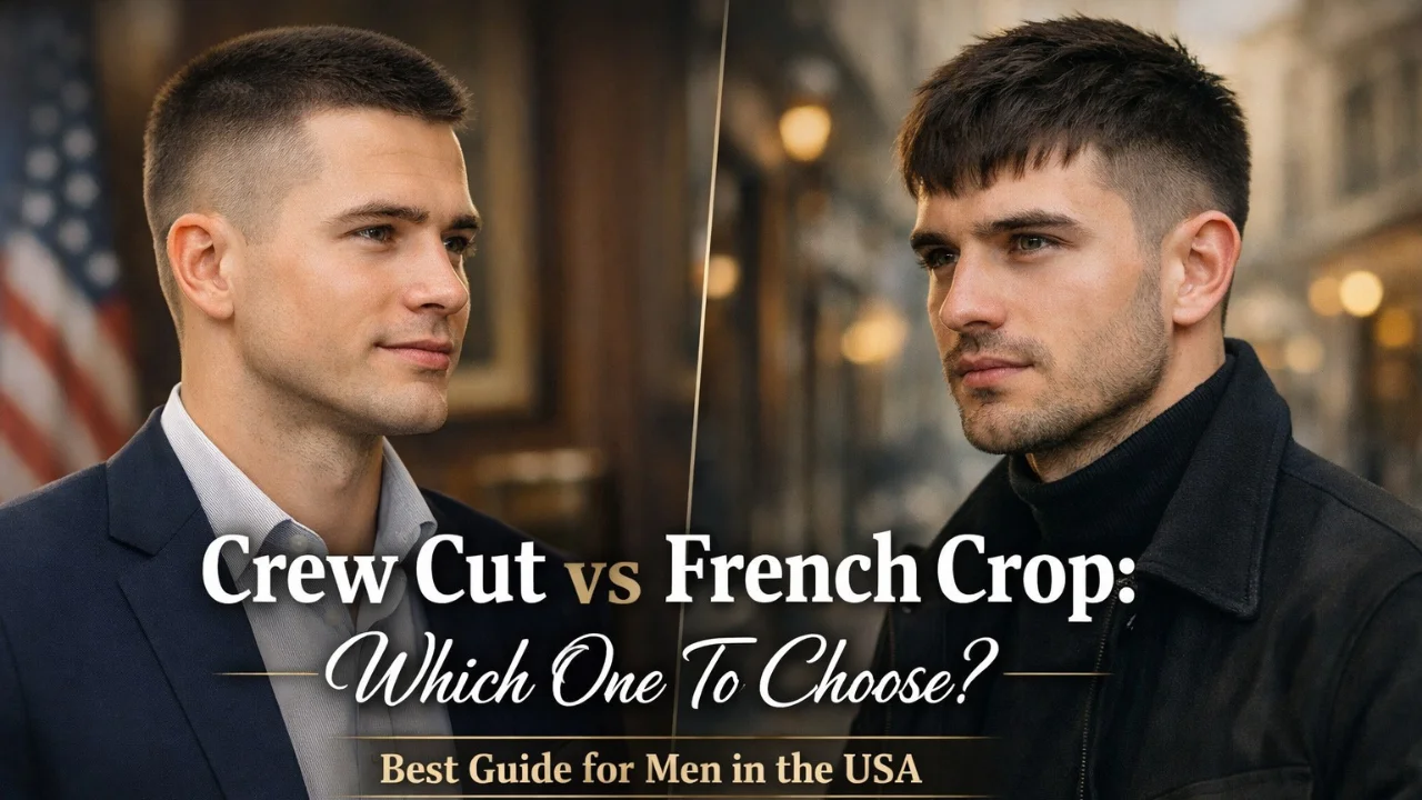 Side-by-side comparison of a crew cut and French crop hairstyle on young men, showcasing classic and trendy short haircuts for men in the USA