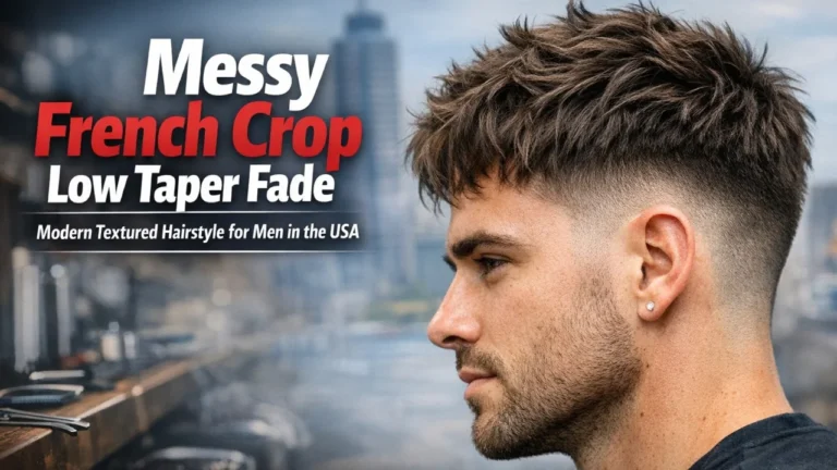 Messy French Crop Low Taper Fade hairstyle for men in the USA, modern textured haircut with clean sides and tousled top, stylish and easy-to-maintain men's haircut