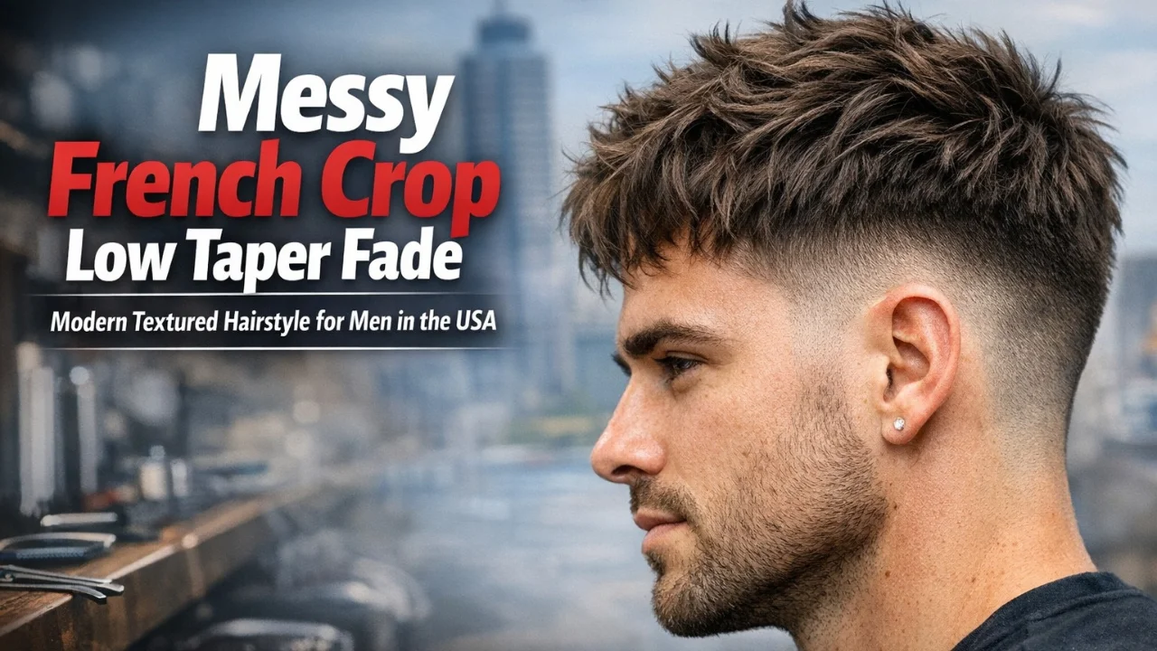 Messy French Crop Low Taper Fade hairstyle for men in the USA, modern textured haircut with clean sides and tousled top, stylish and easy-to-maintain men's haircut