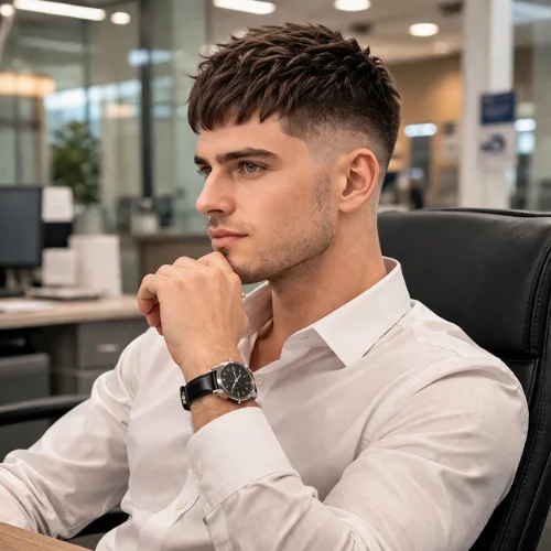french crop mid taper haircut professional look man sitting in office explaining haircut to barber clean style