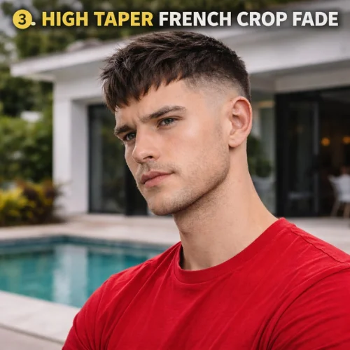 French Crop Taper Fade high taper red shirt modern hairstyle men