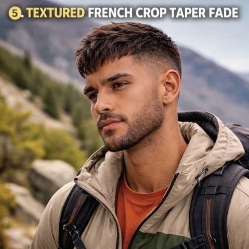French Crop Taper Fade textured hairstyle black man mountain climbing