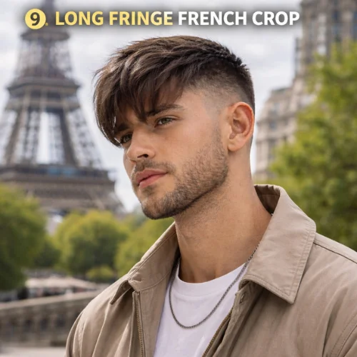 French Crop Taper Fade long fringe hairstyle boy tower background