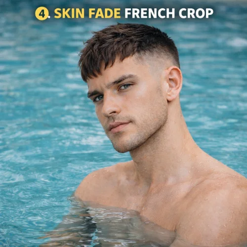 French Crop Taper Fade skin fade hairstyle men swimming pool
