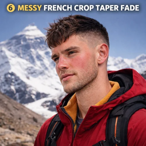 French Crop Taper Fade messy hairstyle man mountain casual look