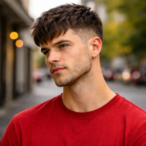 modern french crop haircut low fade with smooth transition for men wearing red shirt natural hairstyle usa
