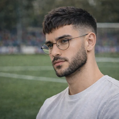 French Crop Taper Fade low taper fade beard Arabic boy glasses football ground