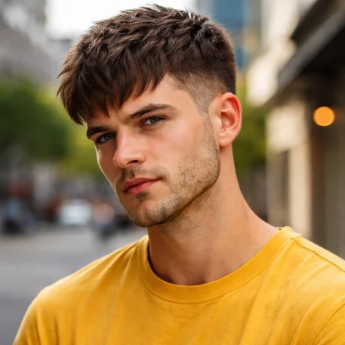 modern french crop haircut with textured fringe and fade for men wearing yellow shirt stylish hairstyle usa