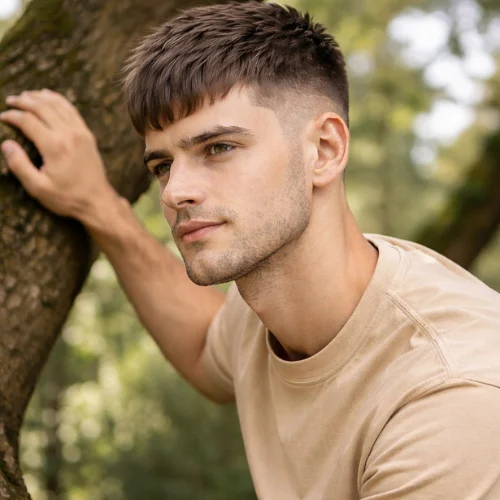 french crop mid taper straight hair haircut on man with clean structured look styled with volume outdoor