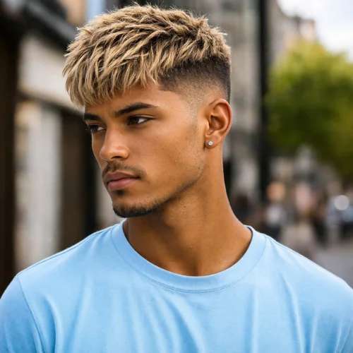 modern french crop haircut blonde with fade and textured top for black man wearing light blue shirt stylish hairstyle usa