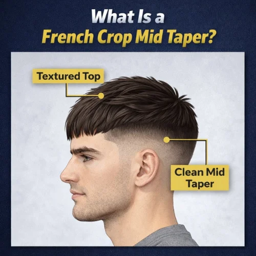 French crop mid taper diagram showing textured top and clean mid taper sides haircut structure