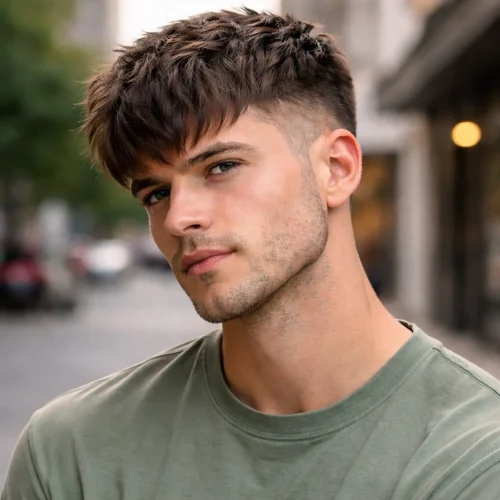 modern french crop haircut textured fringe with messy look and volume for men stylish hairstyle usa