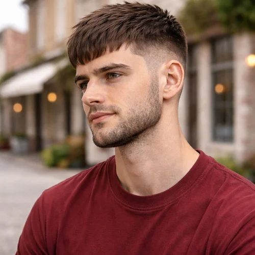 textured french crop mid taper haircut with beard on man wearing red shirt natural relaxed hairstyle