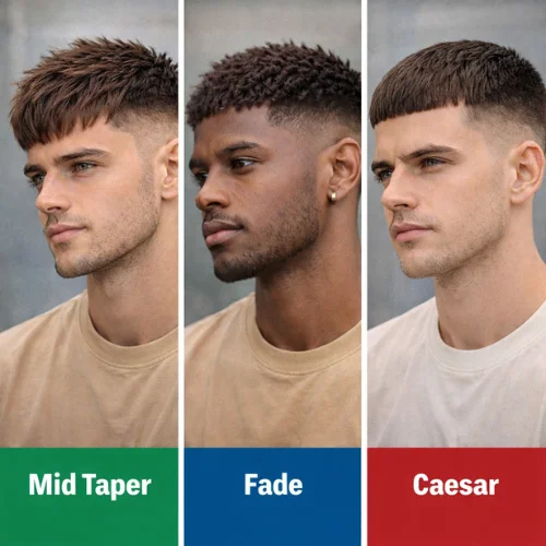 french crop mid taper vs fade vs caesar haircut comparison showing differences in style and maintenance for men