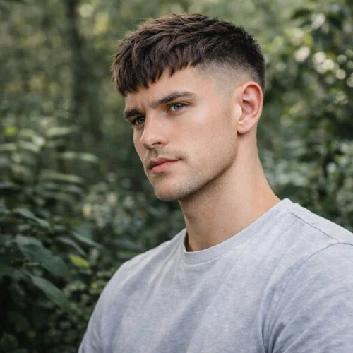 French Crop Taper Fade hairstyle boy light grey shirt textured haircut jungle background