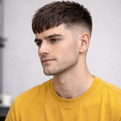 french crop mid taper fade haircut on young man with clean tapered sides and sharp modern hairstyle
