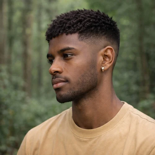 textured french crop mid taper fade haircut on man in outdoor jungle setting modern flexible hairstyle